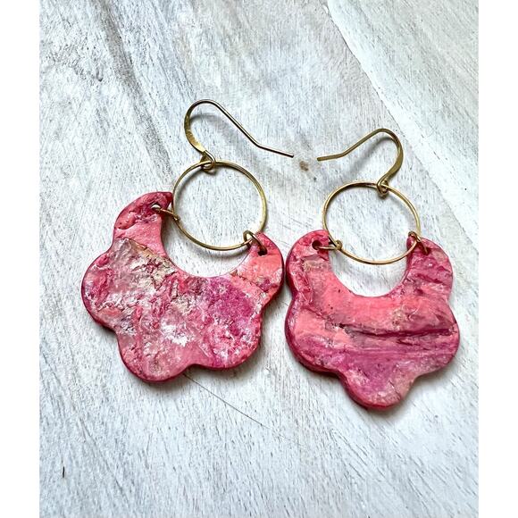 Earrings Statement Earrings Handcrafted Gold Pink Scalloped Arches - Picture 5 of 6